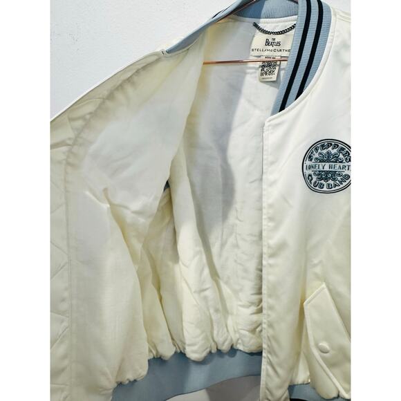 STELLA MCCARTNEY White The Beatles Get Back Embroidered Satin Bomber Jacket XS - Picture 13 of 16